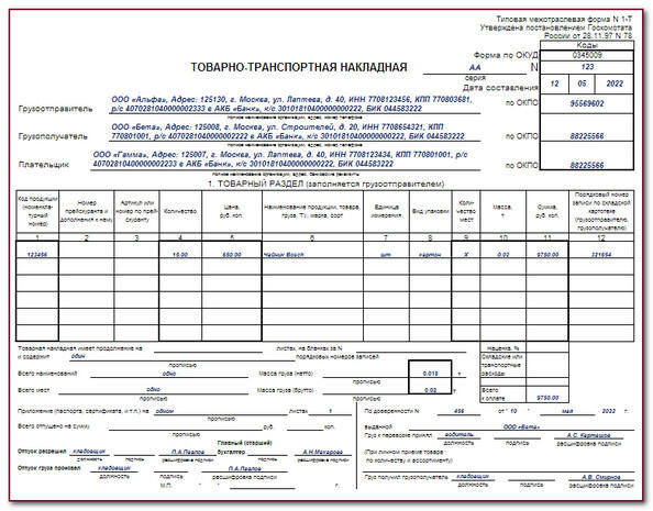 Правильное заполнение ттн заполненный образец 2022 года